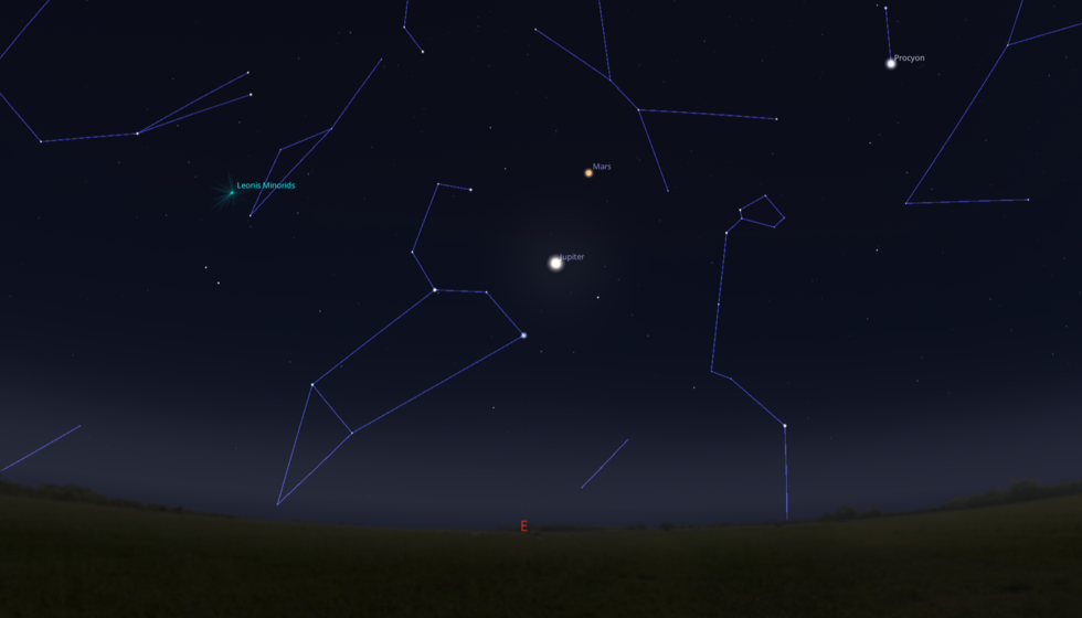 Mars, Jupiter in Regul v soboto, 31. oktobra 2026 (zajem zaslona programa Stellarium)